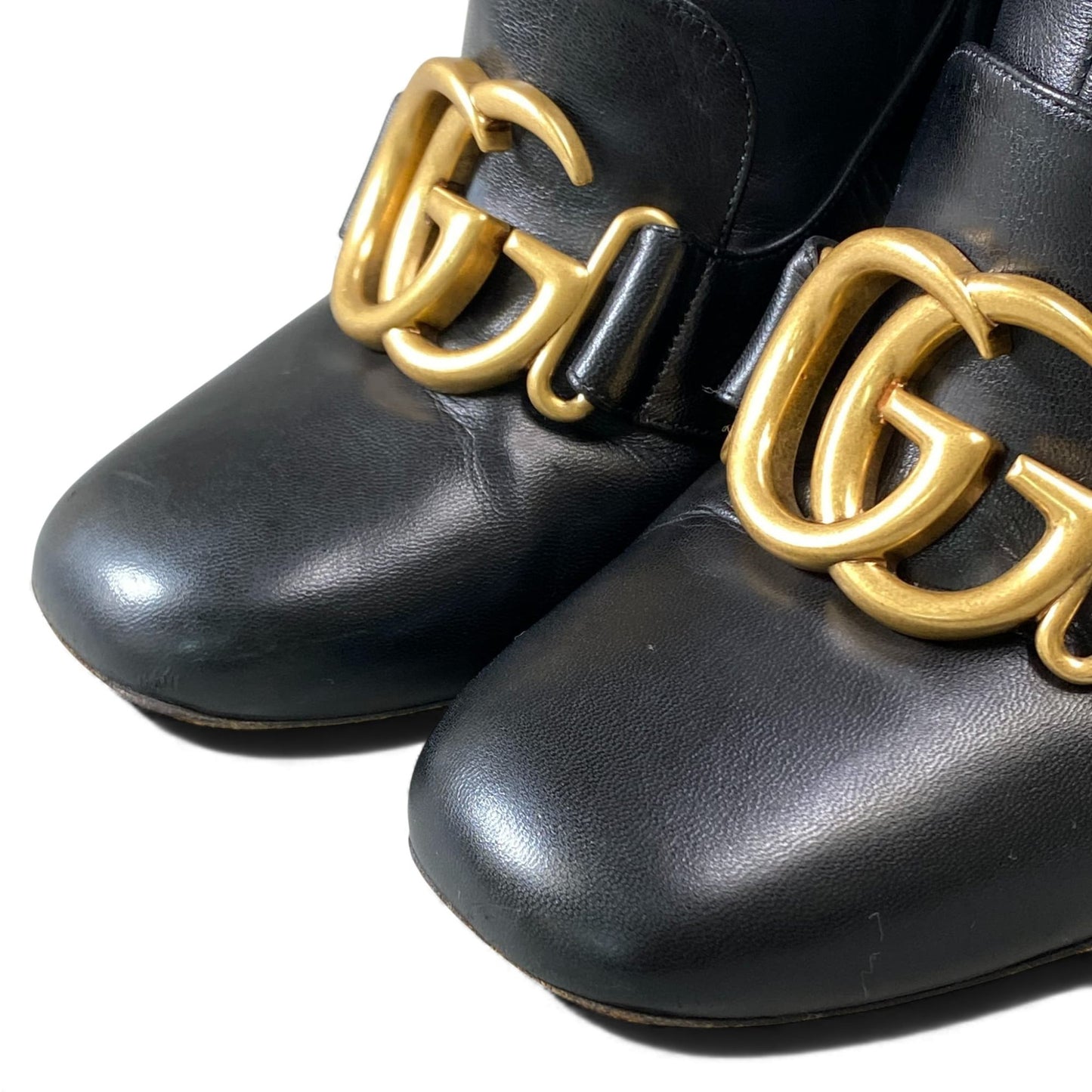 1L11 GUCCI グッチ ダブルG GGマーモント ショートブーツ チャンキーヒール サイズ36 ブラック レザー レディース 靴 ブーツk02i