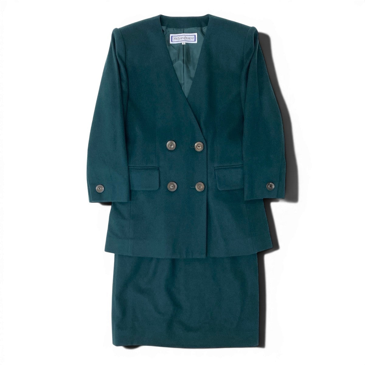 Ee25 YVES SAINT LAURENT イヴサンローラン セットアップ スカートスーツ ダブルブレスト ウール サイズM グリーン レディース 女性用u02t