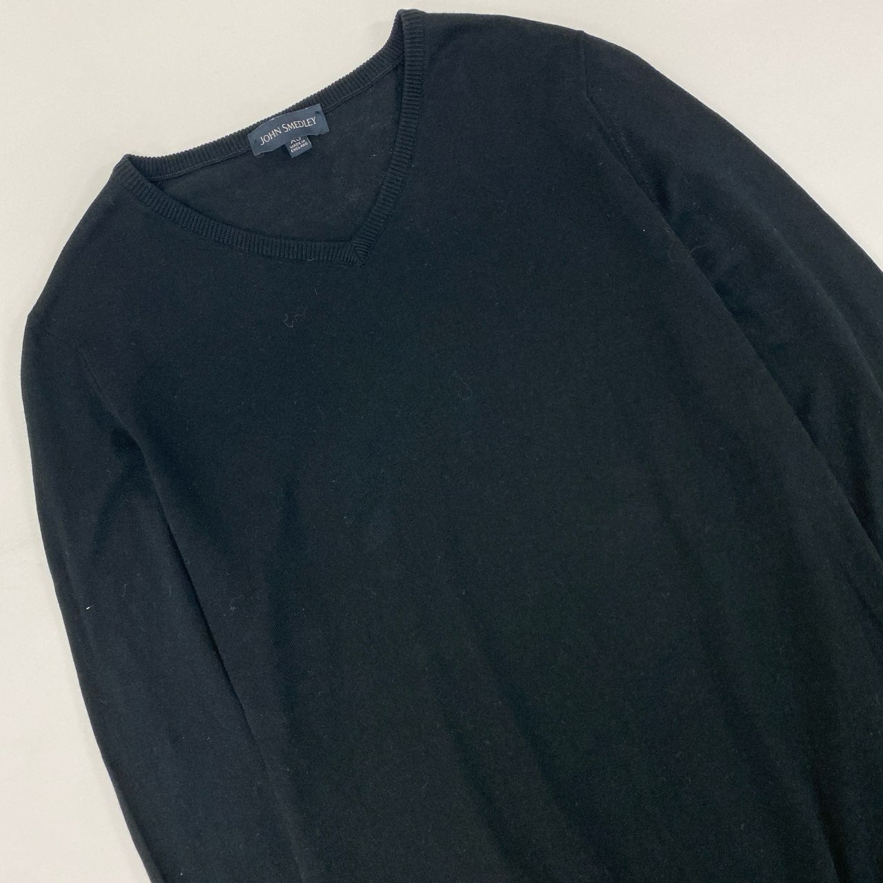 14j10 JOHN SMEDLEY ジョンスメドレー 英国製 MADE IN ENGLAND ロングスリーブ ニットセーター Vネック 無地 メンズ 紳士服 XS ブラック コットンu02t