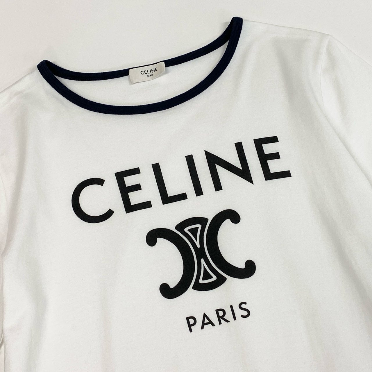 Ic2 CELINE セリーヌ トリオンフロゴ クルーネック 半袖Tシャツ カットソー 2X872671Q L ホワイト コットン レディースu02t