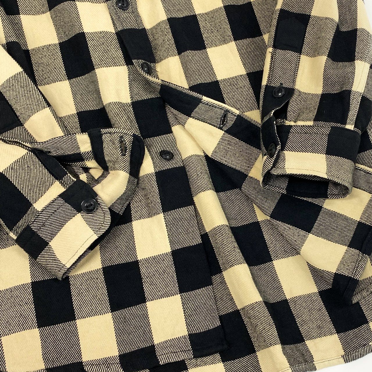 13f7 POLO RALPH LAUREN ポロラルフローレン フラップポケット コットンネルシャツ 長袖シャツ ブロックチェック オーバーサイズ Mサイズ 165 ベージュ ブラック コットン メンズ
