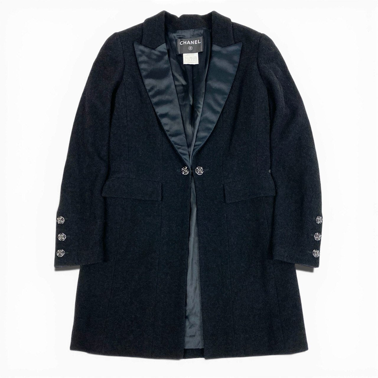 Ca14 CHANEL シャネル 2006年 P29135 グリポアボタン ウエストシェイプデザイン ツイードコート サイズ36 ブラック レディース 女性用 アウター コートta1