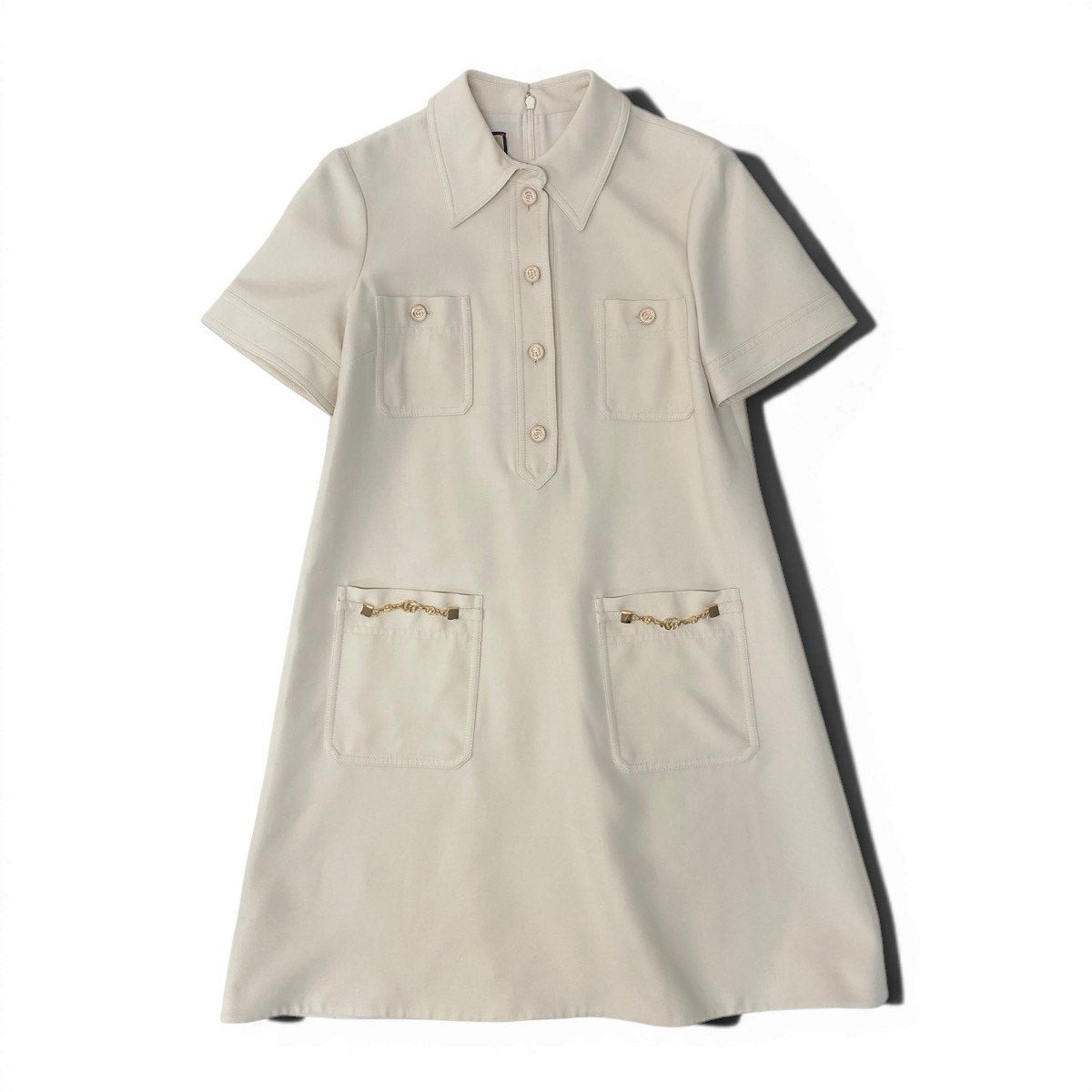Hf12 【未使用タグ付】 GUCCI グッチ ダブルG チェーン ショートスリーブ ポロワンピース 661672 サイズ40 アイボリー レディース 女性用k02i