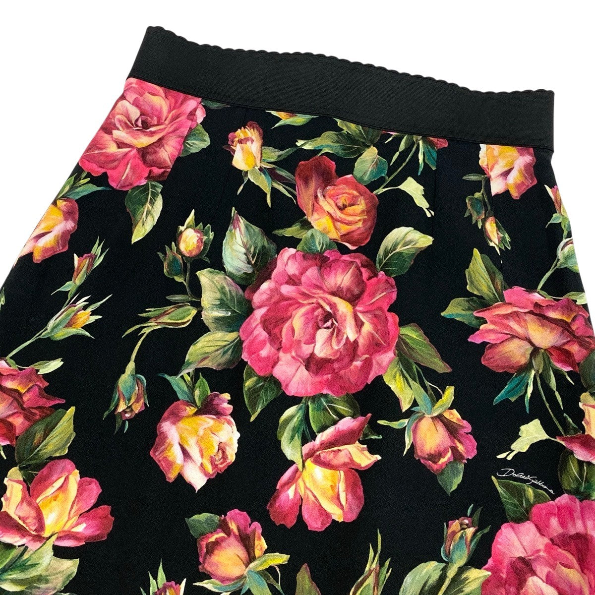 g13 【極美品】DOLCE＆GABBANA フラワープリント ミディ丈 シルクスカート イタリア製 38サイズ ブラック レディース 女性用k02ik02i