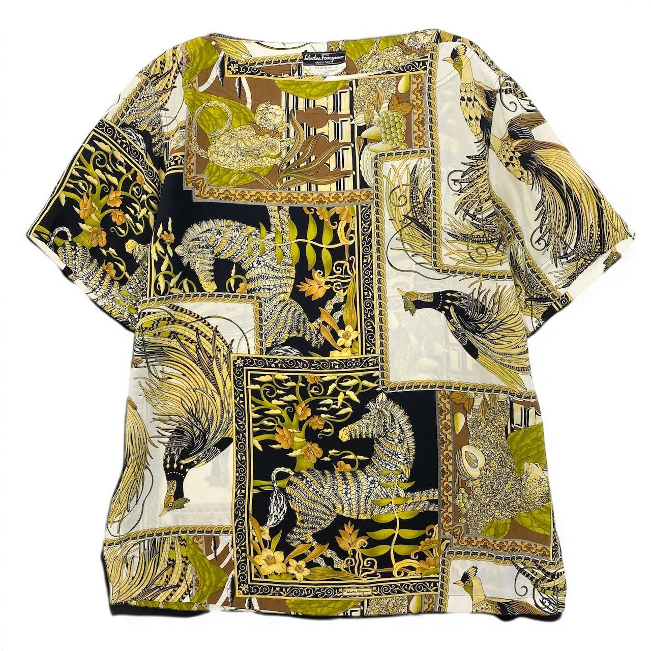 59d28 Salvatore Ferragamo サルヴァトーレフェラガモ ボートネック カットソー  ショートスリーブ トップス アニマル柄 花柄 サイズM マルチカラー シルク100％ レディース 女性用u02t