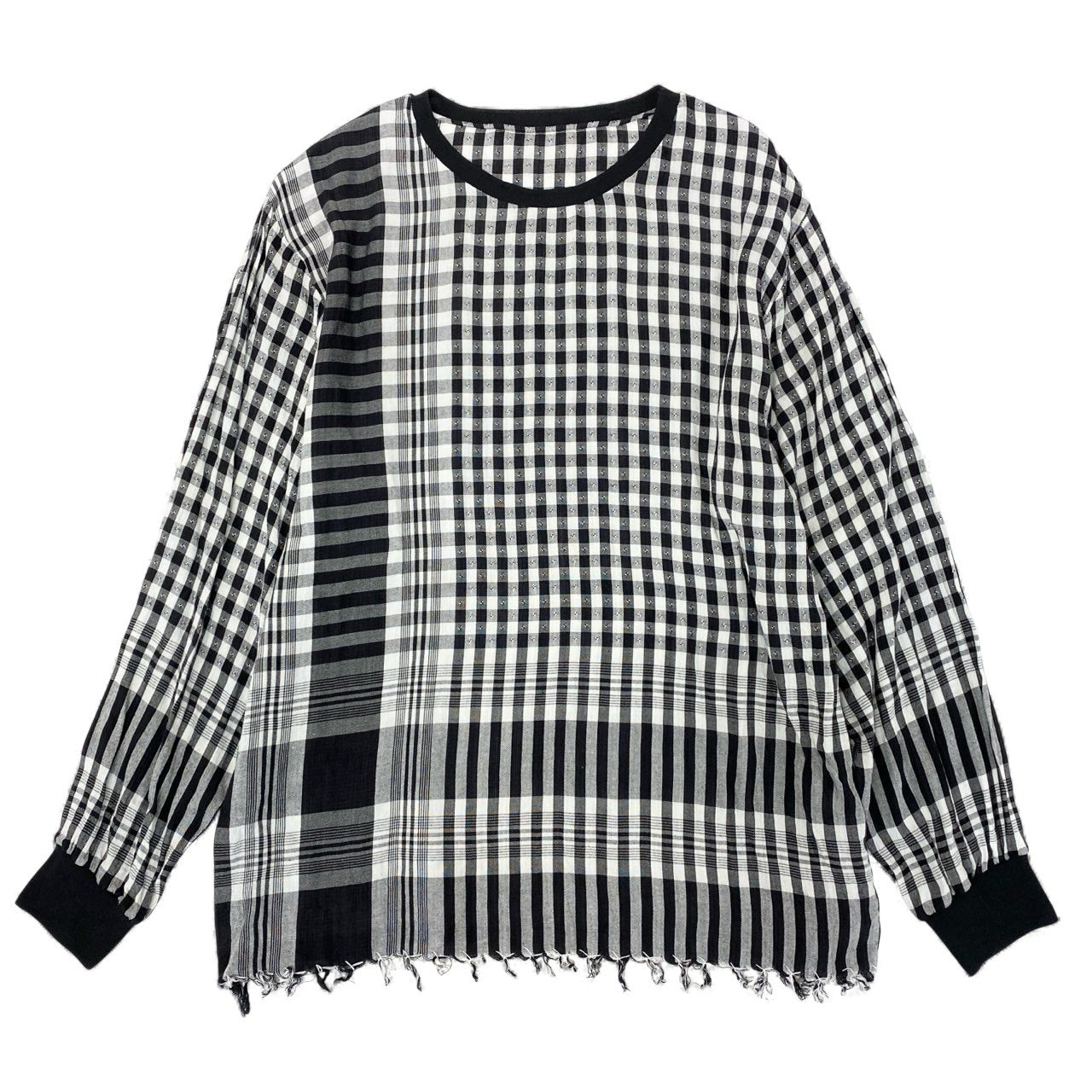 11k28《美品》 BLESS ブレス N°32 チュニックワンピース トップス チェック フリンジ L ブラック グレー コットン レディースu02t