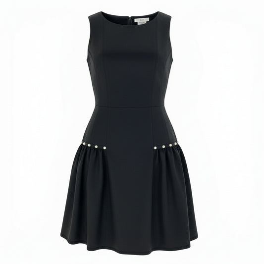 14a28 《美品》 Rene ルネ ノースリーブワンピース ドレスワンピース パール タックフレアスカート 36 ブラック レディース 女性用u02t