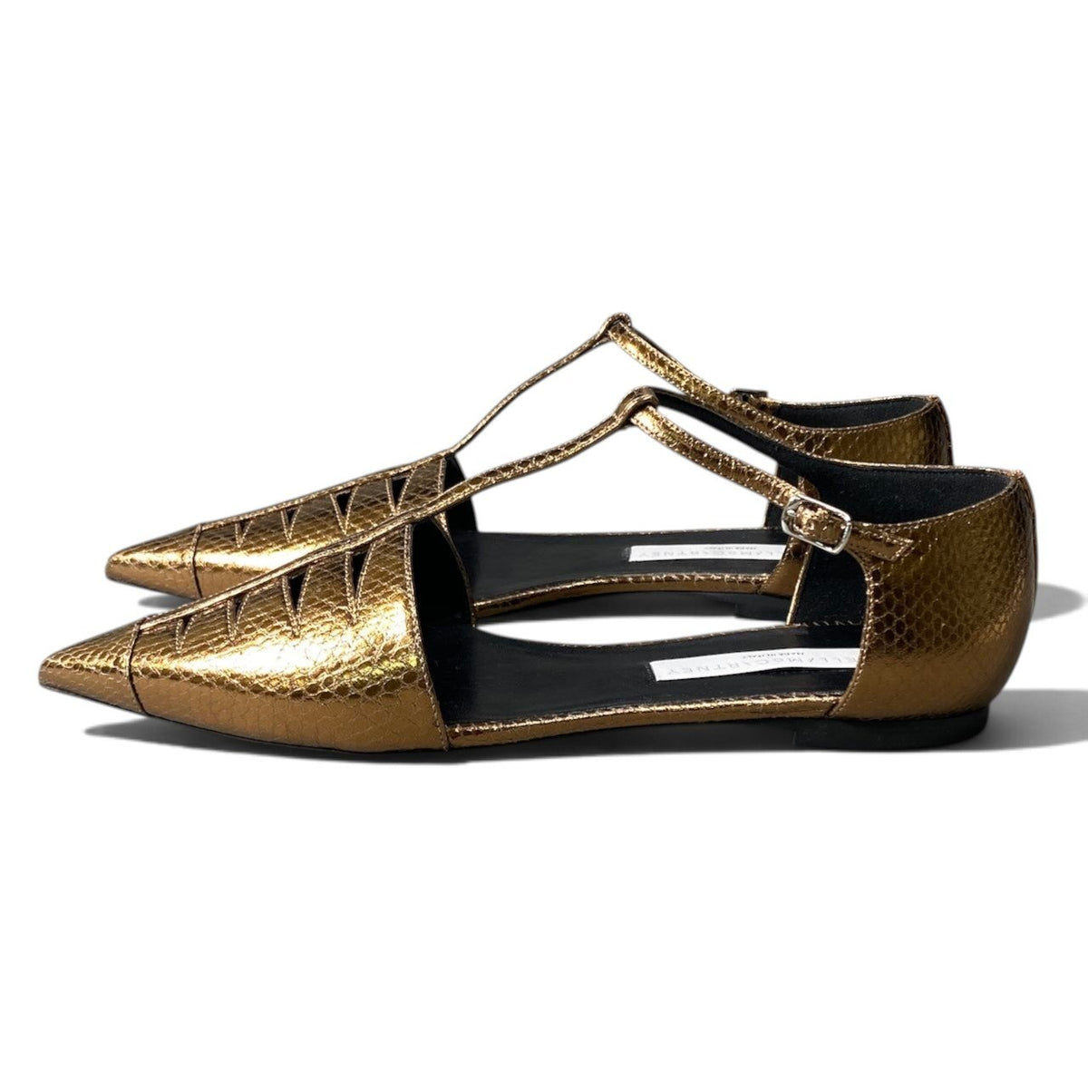 h13【美品】STELLAMcCARTNEY パイソン型押し Tストラップフラットシューズ 38サイズ ゴールド レザー レディース 女性用k02i