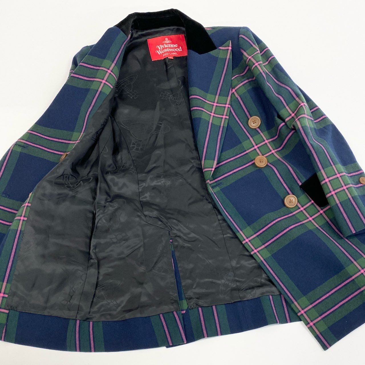 57a13 【美品】 Vivienne Westwood RED LABEL ヴィヴィアンウエストウッド レッドレーベル ダブルブレスト テーラードジャケット チェック柄 裏地総柄 レディース 女性用 16-12-412003 サイズ01 マルチカラーo07t