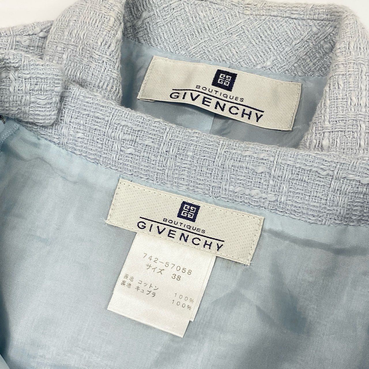 25d15 GIVENCHY ジバンシー セットアップ スカートスーツ フォーマル セレモニースーツ サイズ38 ライトブルー コットン100％ レディース 女性用o07t