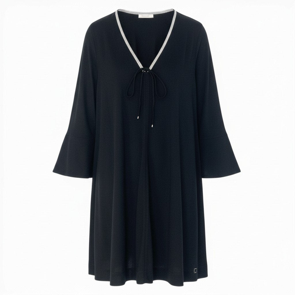 60c6《美品》 LEONARD レオナール カンカン素材 ラインストーン装飾 ロングカーディガン 羽織り トップス LL ブラック レディースu02t