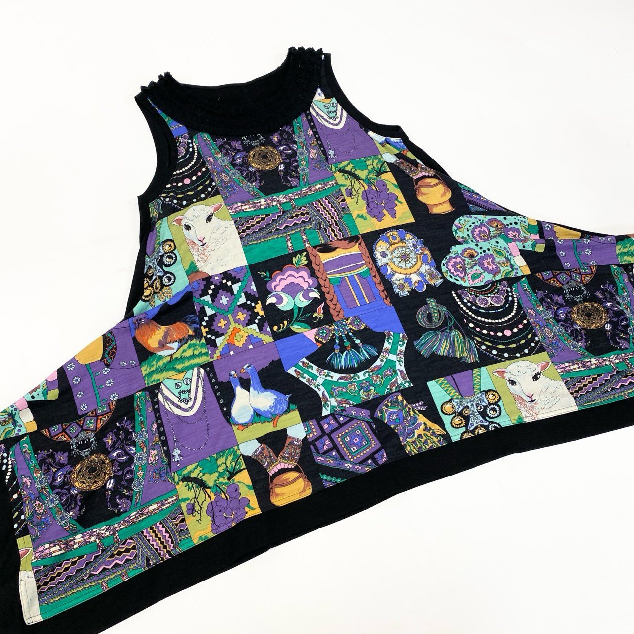 26k27 TOKUKO 1er VOL トクコプルミエヴォル ノースリーブワンピース フレアワンピース 総柄プリント チュール装飾 レディース 女性用 9 ブラックu02t