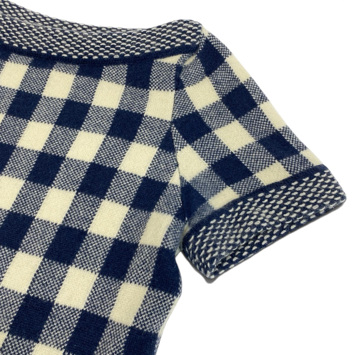 h31 CHANEL カシミヤニットセーター ショートスリーブ ココマーク刺繍 ボートネック チェック柄 38サイズ ブルー アイボリー カシミヤ100％ レディース 女性用k02i