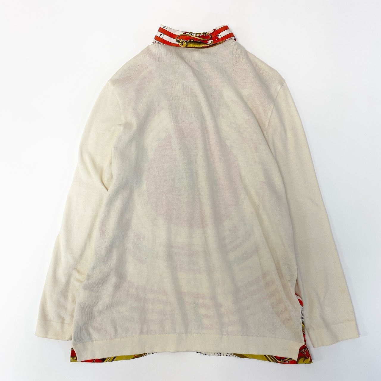 86a16 HERMES エルメス DIES ET HORE ニット切替 ロングスリーブ ポロシャツ シルク100％ メンズ 紳士服 M オフホワイトo07t