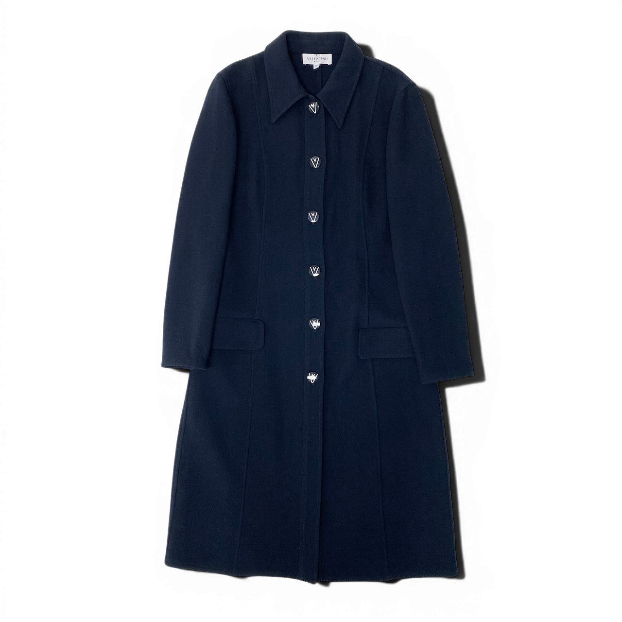 91g24 VALENTINO ヴァレンティノ ロングスリーブシャツワンピース ロゴボタン ドレス 42/8 サイズ ダークネイビー ウール100％ レディース 女性用u02t