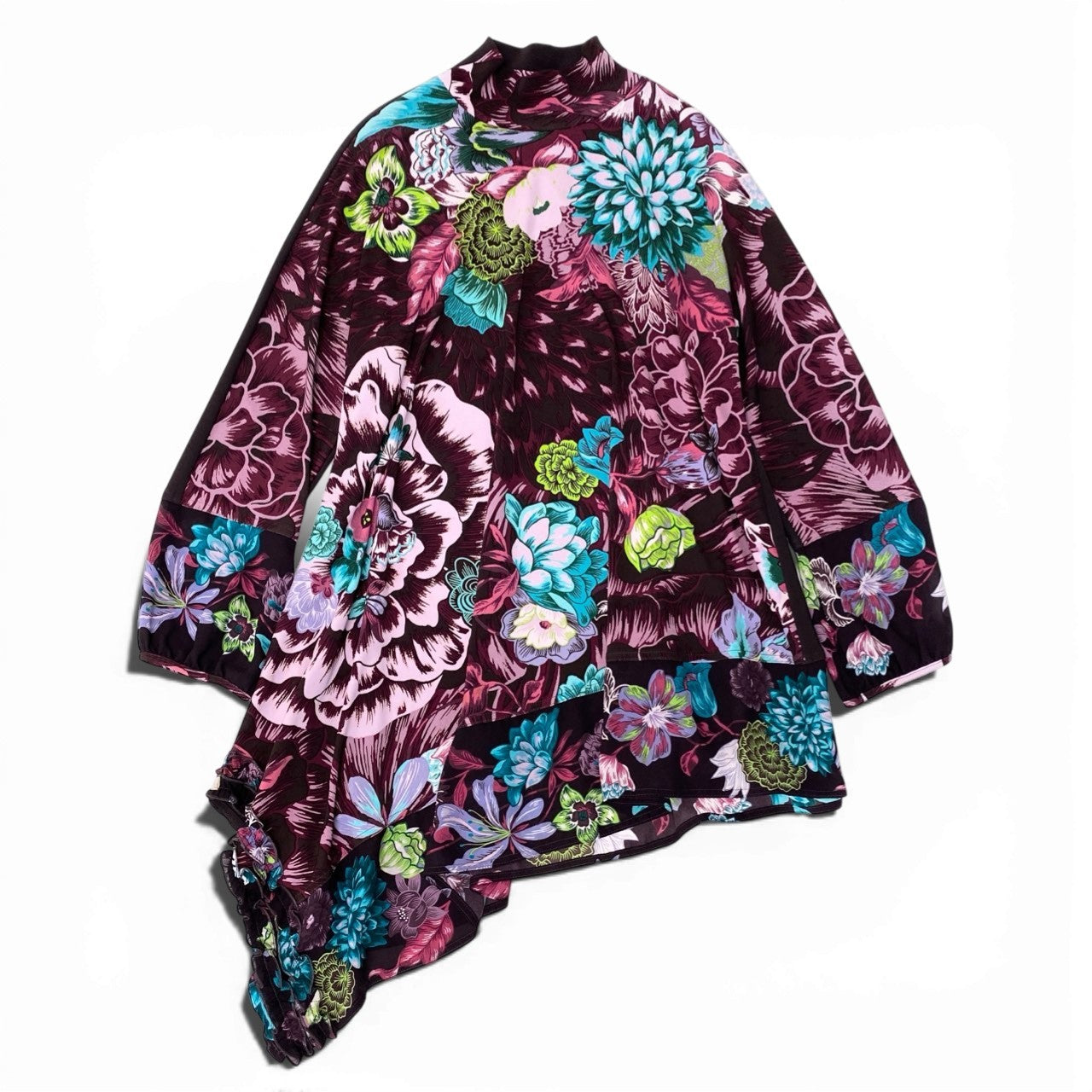 14c2 TOKUKO 1er VOL トクコプルミエヴォル ロングスリーブ チュニックワンピース アシンメトリー 花柄プリント ストレッチ レディース 女性服 サイズ9 パープルu02t