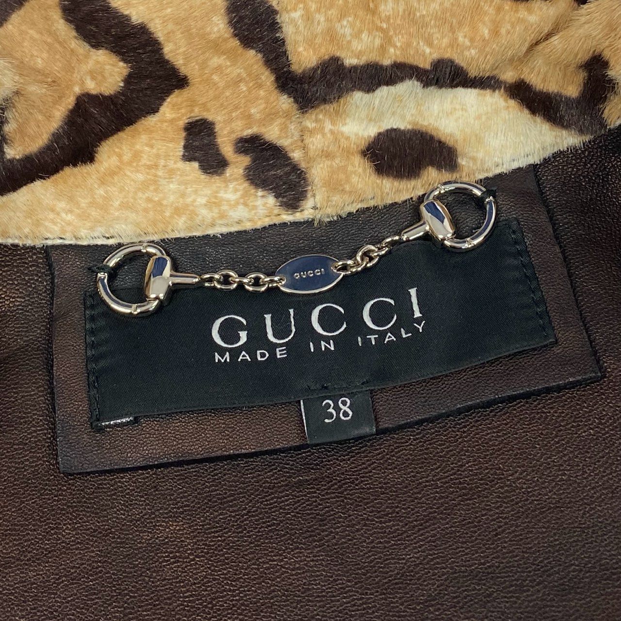 b4【美品】GUCCI グッチ レザー ハラコ チェスターコート レオパード 裏地ラムレザー 363074 XG079 38サイズ ベージュ ブラウン 牛革 羊革 レディースk02i