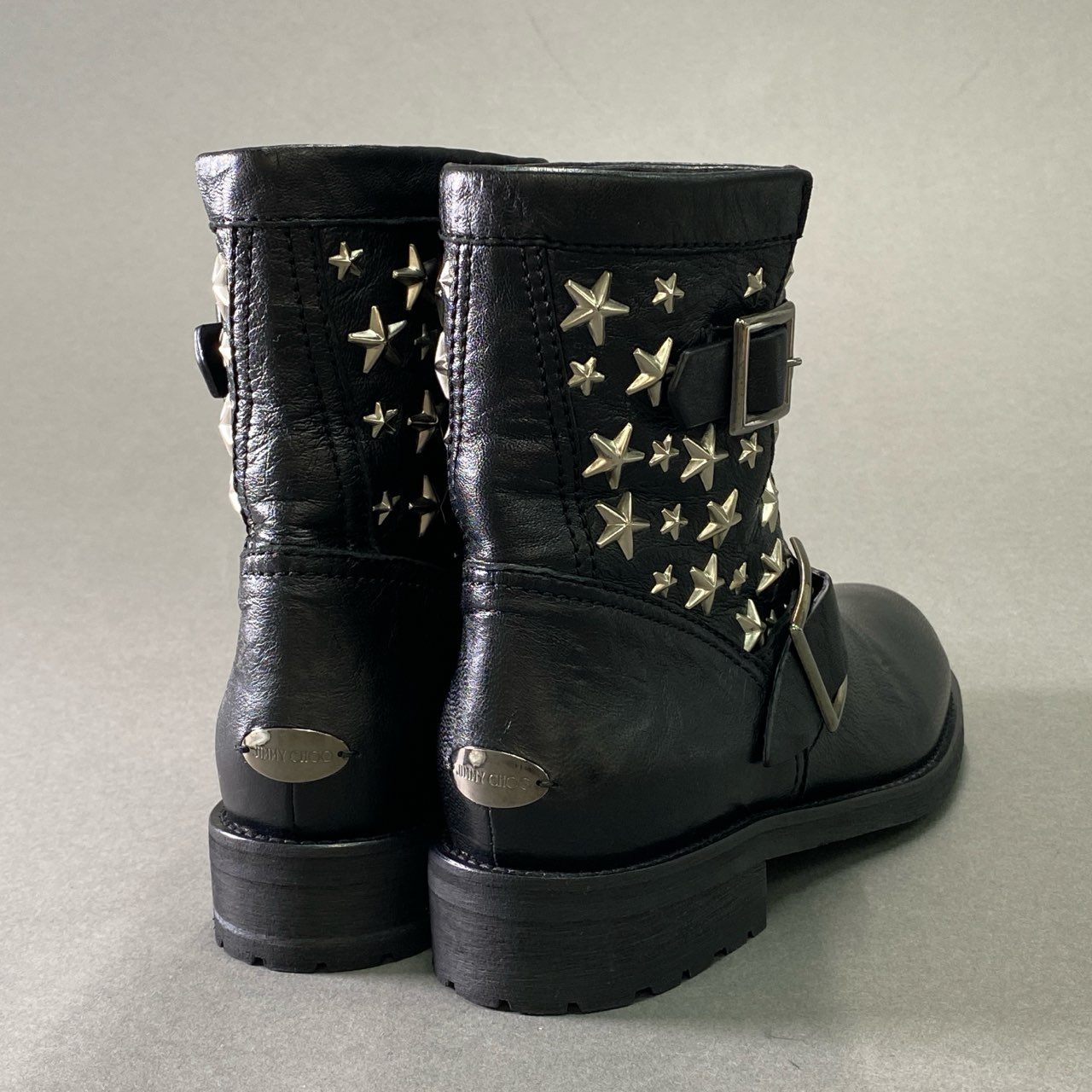3d16 《美品》 JIMMY CHOO ジミーチュウ スタースタッズ バイカーブーツ 35 1/2 ブラック レザー シューズ イタリア製