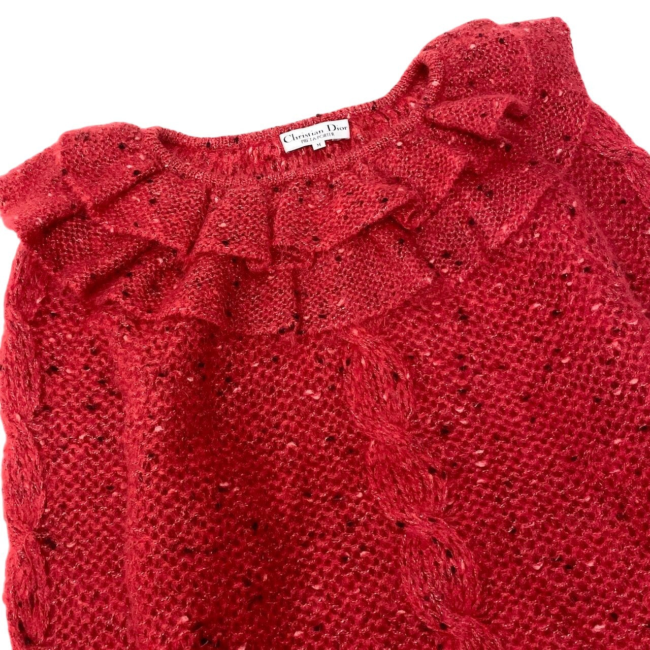 Eg6  Christian Dior クリスチャンディオール フリルネック ローゲージ ニットセーター サイズM レッド ウール100％ レディースo07t