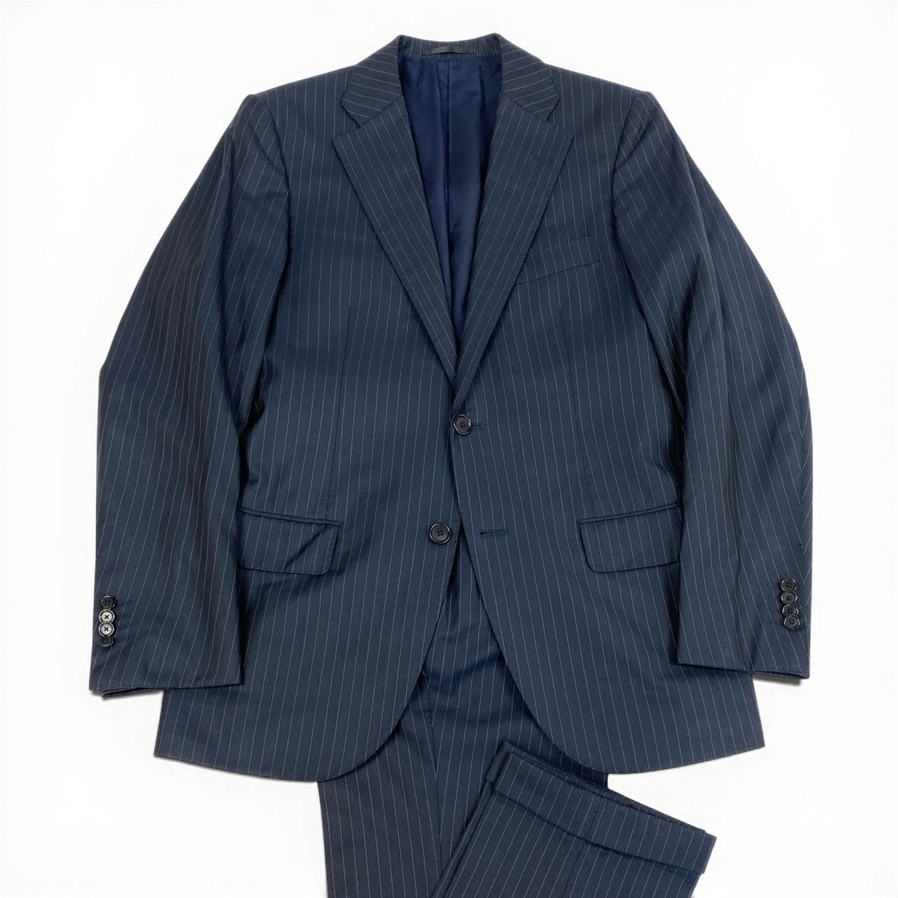 37L22 TOMORROWLAND トゥモローランド ロロピアーナ生地 シングルスーツ セットアップ テーラードジャケット スラックス 46 ネイビー ストライプ ウールシルク メンズ 紳士服u02t