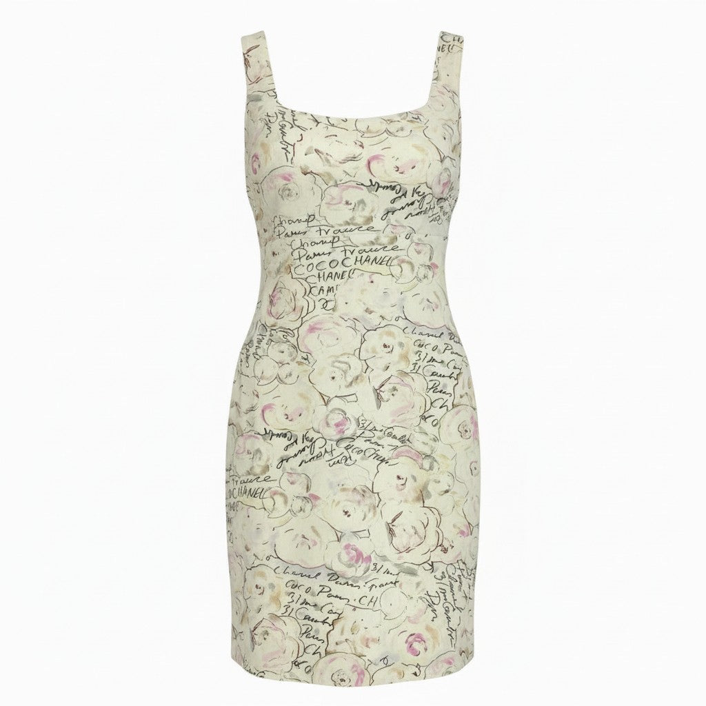60a14【archive】CHANEL シャネル 1998年 Cruise P10058 カメリア総柄 マイヨ素材 キャミワンピース ワンピース サイズ40 アイボリー系 レディースta1
