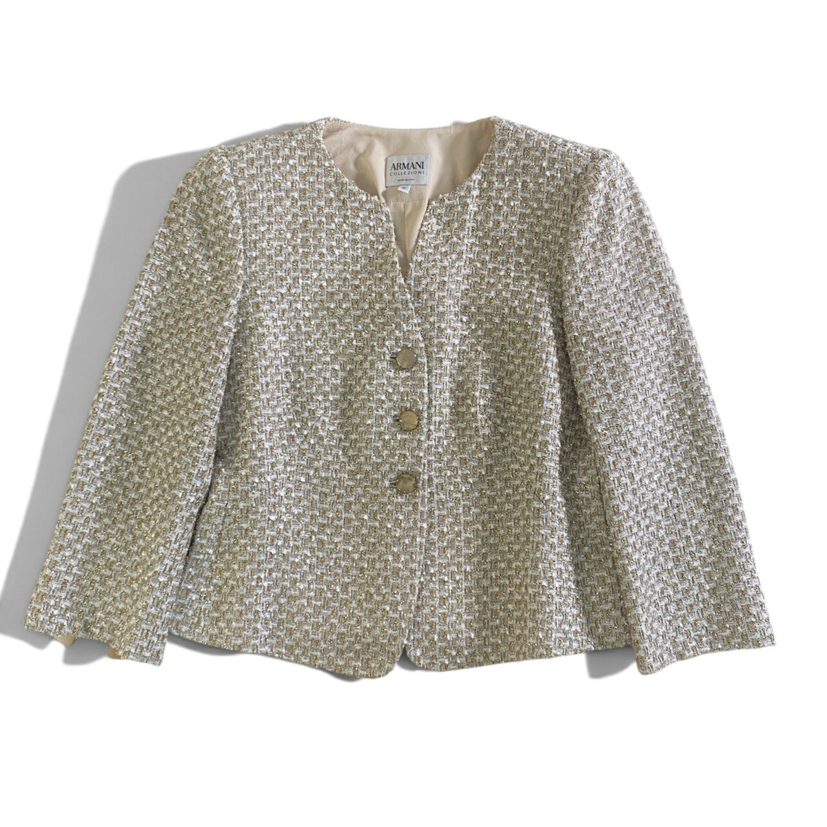 8j26 ARMANI COLLEZIONI アルマーニコレツィオーネ ノーカラージャケット ラメツイード サイズ40 マルチカラー レディースu02t