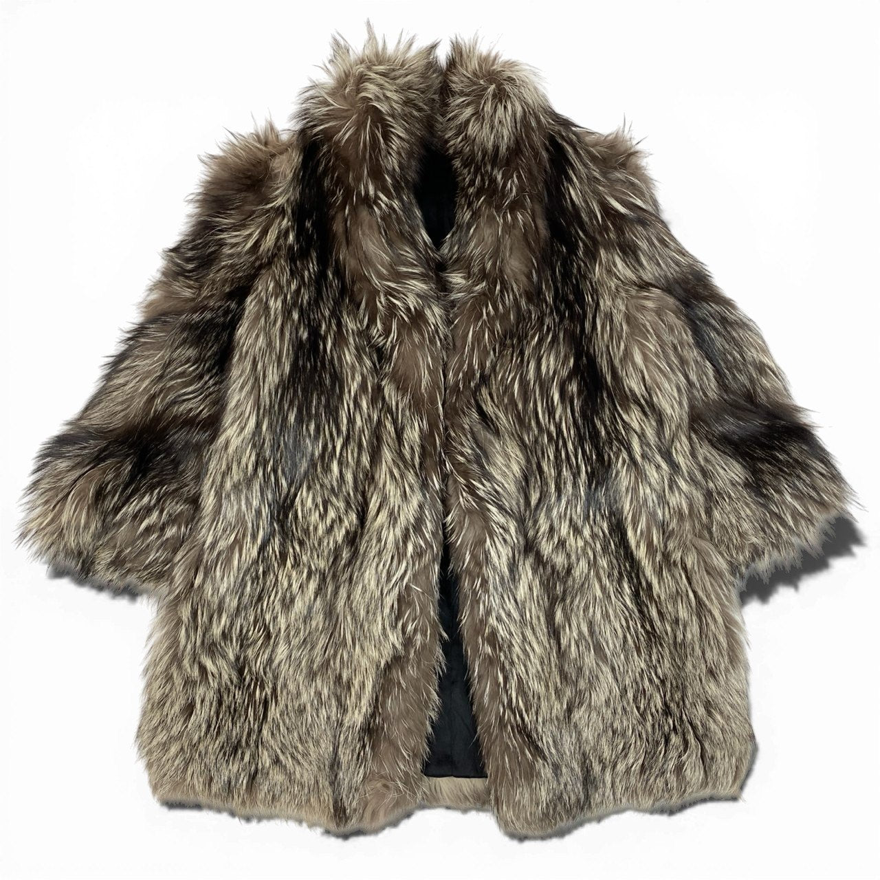 47a22 シルバーフォックス 極厚ファー ロングコート サイズ13 茶系 本毛皮 Fox Fur Long Coatt18r