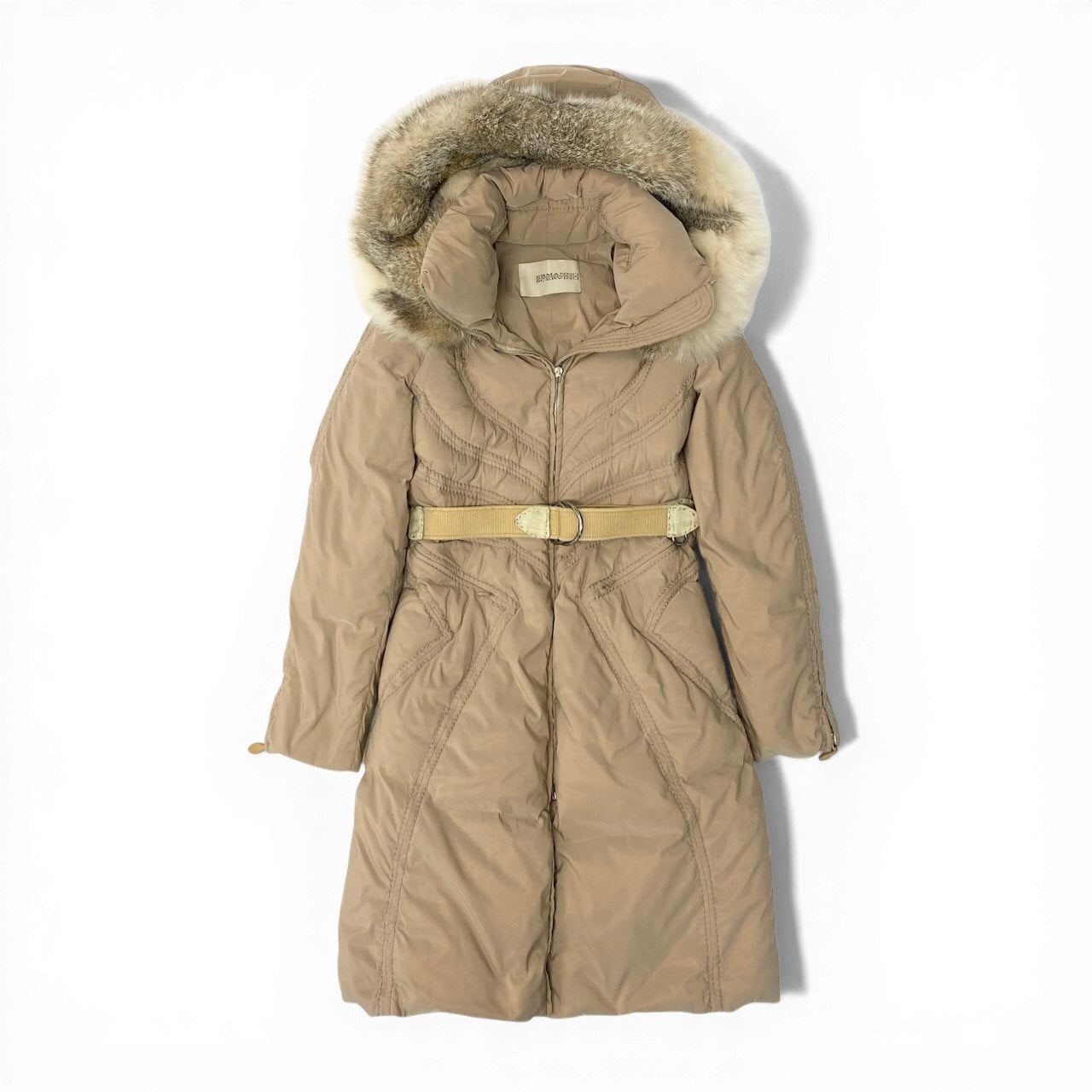 79c26 ERMANNO SCERVINO エルマンノシェルビーノ ダウンコート ダウンジャケット ウエストベルト フーディー アウター 42サイズ ピンクベージュ ポリエステル100％ レディース 女性用u02t