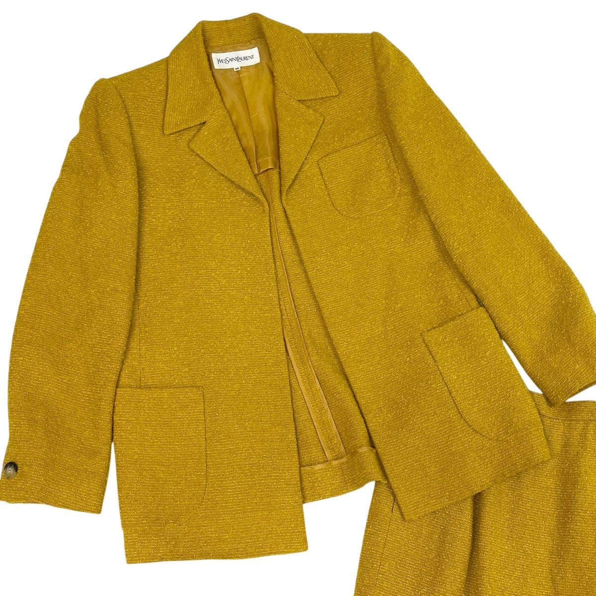 2g2 【美品】 YVES SAINT LAURENT イヴサンローラン セットアップ スカートスーツ ツイードジャケット サイズ36 イエロー系 レディースu02t