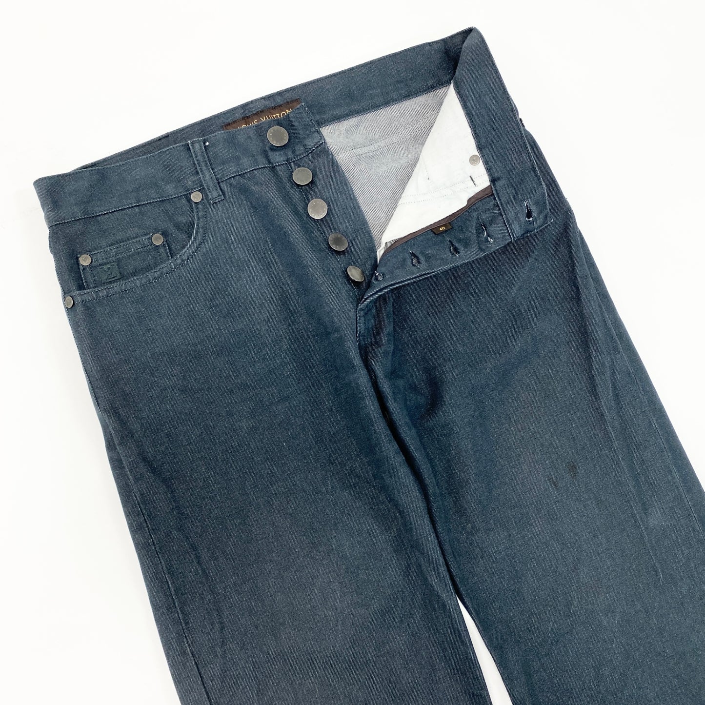 21i29《美品》LOUIS VUITTON ルイヴィトン デニムパンツ ボトムス ストレートパンツ LVロゴ刺繍 コットン イタリア製 M相当 ネイビー メンズk02i