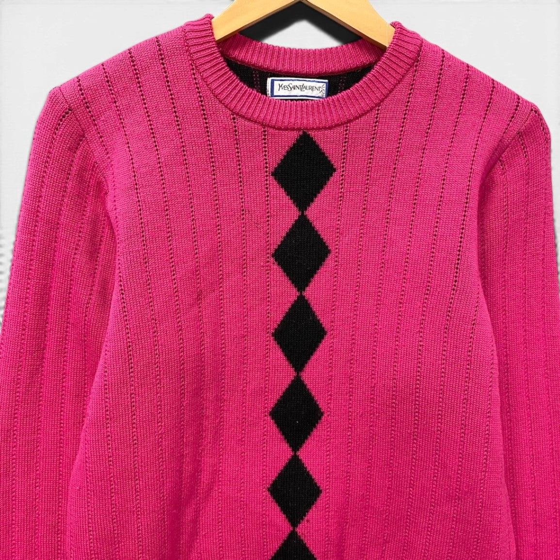 40f15 YVES SAINT LAURENT イヴサンローラン クルーネック ニットセーター アーガイル柄 ロングスリーブニット サイズM ピンク ウール100％ レディース 女性服o07t