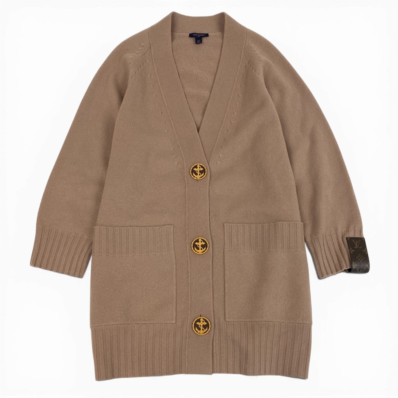 Eb19 LOUIS VUITTON ルイヴィトン ロングカーディガン ウールニット コーディガン アンカーボタン Long Knit Cardigan Sweater M ピンクベージュ系 ウール100％t18r