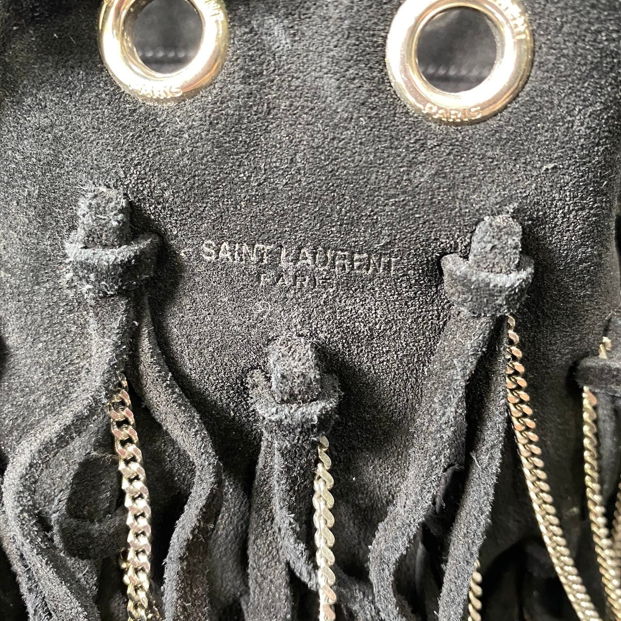 h21 SAINT LAURENT サンローラン フリンジ×チェーン バケットバッグ Fringe × Chain Bucket Shoulder Bag Black Leathert18r