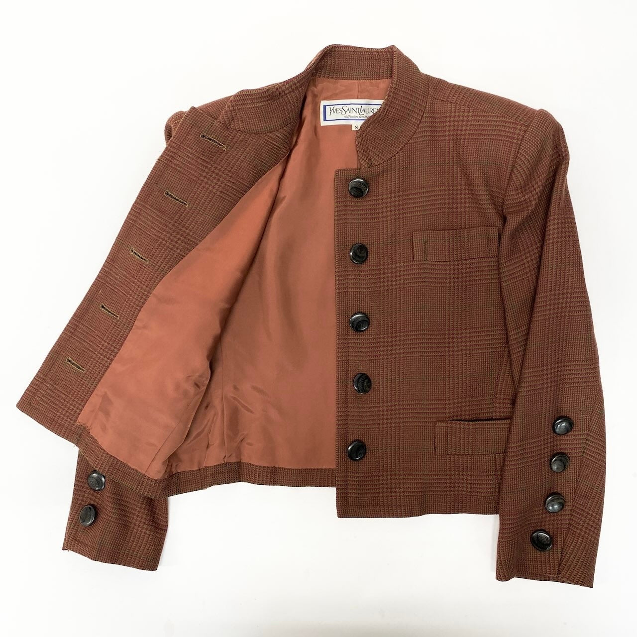 29e7 Yves Saint Laurent イヴサンローラン セットアップ スカートスーツ チェック柄 スタンドカラージャケット 膝丈スカート サイズS ブラウン ウール100％ レディース 女性用u02t