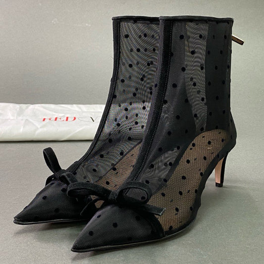 1e10 【美品】 RED VALENTINO レッドヴァレンティノ ドットチュール アンクルブーツ ヒールブーツ リボン ポインテッドトゥ スエード サイズ37 ブラック バックジップ レディース
