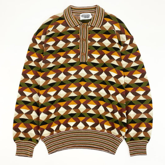 14f12 MISSONI ミッソーニ 幾何学 長袖 サマーニットポロシャツ M 茶系 プルオーバー イタリア製 紳士服