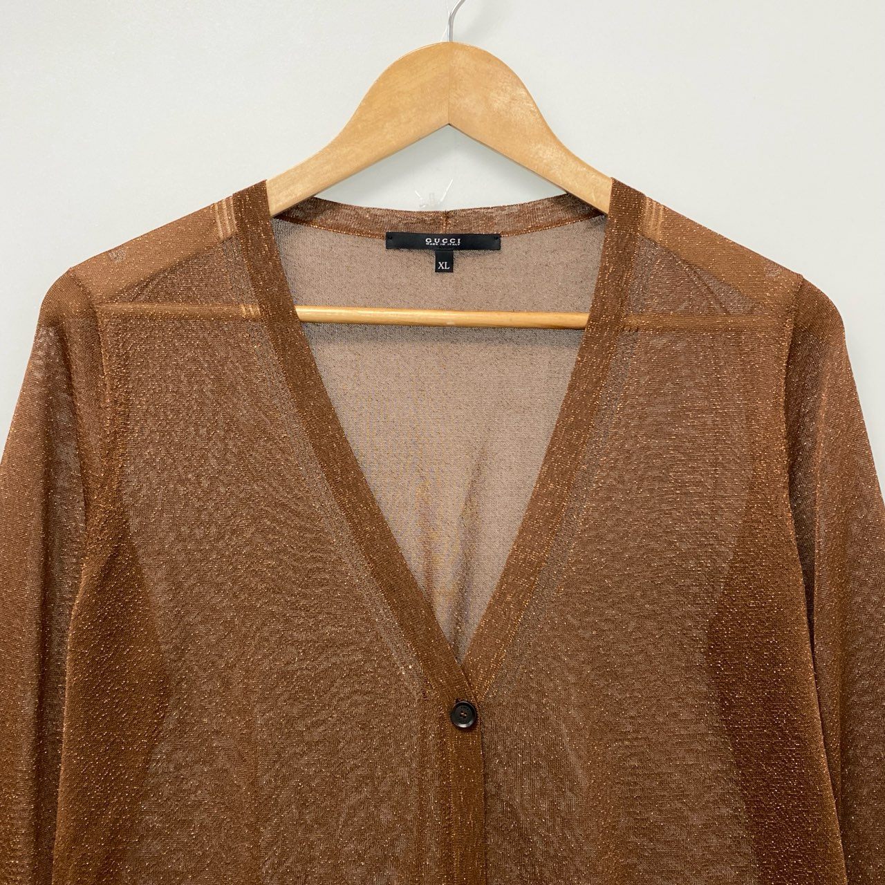 62a28 【美品】GUCCI グッチ ロングスリーブニットカーディガン ラメニットセーター Vネック トップス XLサイズ ブラウン レディース 女性用u02t