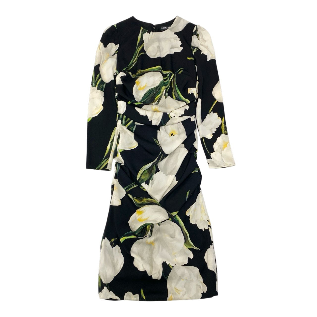 13c5 DOLCE＆GABBANA ドルチェアンドガッバーナ ドレスワンピース ロングワンピース 花柄 フラワー 長袖 36 ブラック ホワイト シルク レディースu02t