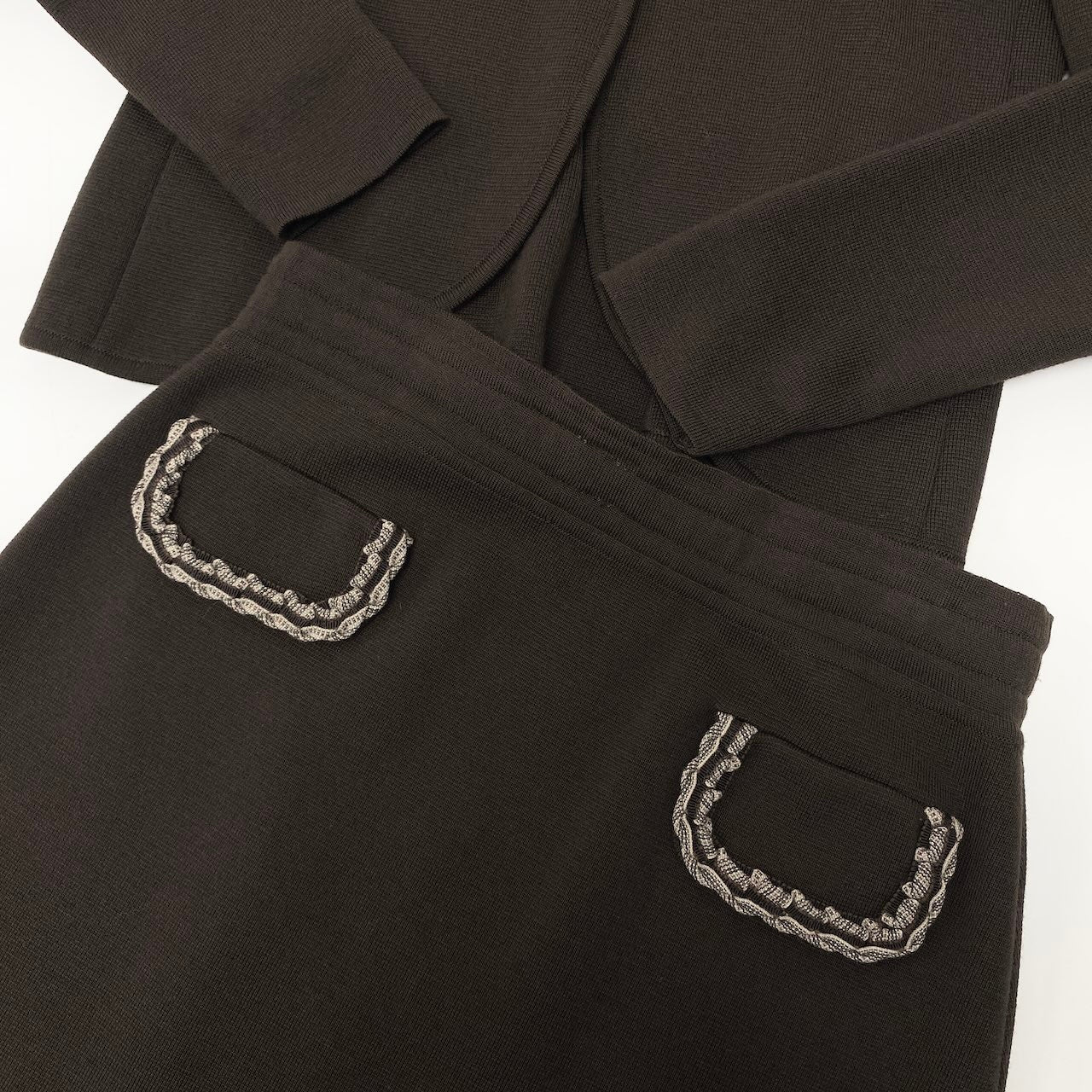 62e12 【美品】 Salvatore Ferragamo サルヴァトーレフェラガモ セットアップスカート ニットジャケット ニットスカート サイズL / M ブラウン ウール100％ レディース 女性用o07t