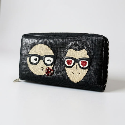 a5 DOLCE&GABBANA ドルチェアンドガッバーナ ラウンドファスナー 長財布 パッチ装飾 レザー 革 ブラック メンズ レディース ユニセックスk02i