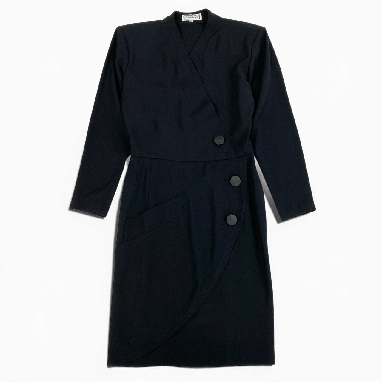 67a3 Vintage Yves Saint Laurent ヴィンテージ イブサンローラン 長袖 ラップワンピース Wrap Dress Large Buttons S ブラック レディースo07t