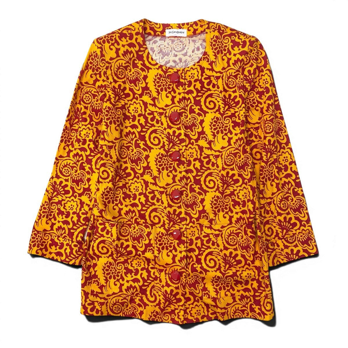 Ef15 Yves Saint Laurent イヴサンローラン 総柄プリント ノーカラージャケット アウター Mサイズ オレンジ レッド コットン レディースo07t