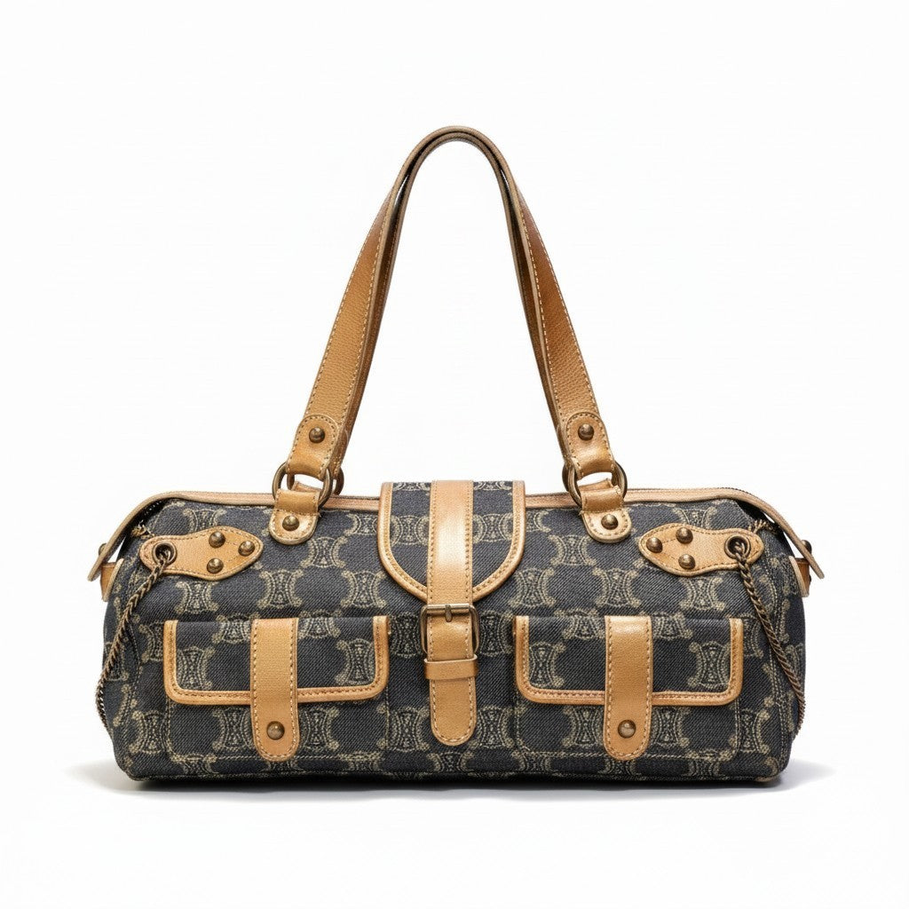 h29 CELINE 2005年 マカダム柄 ヴィンテージ デニムバッグ インディゴ オレンジベージュ レディース 女性用ta1
