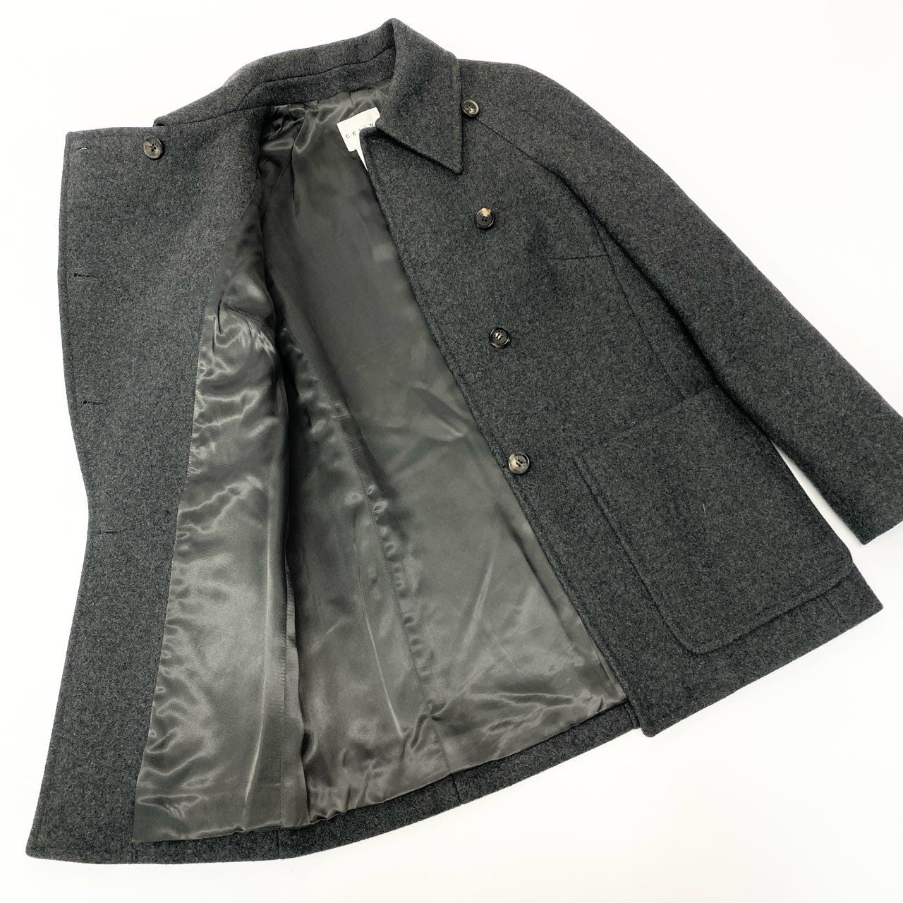 47b4 【美品】 Vintage CELINE セリーヌ ステンカラーコート ウールカシミヤ混コート アウター 38サイズ グレー レディース 女性用u02t