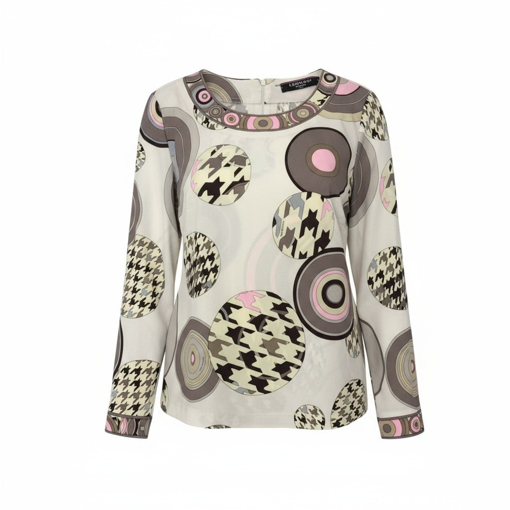 38k19【美品】LEONARD レオナール 長袖カットソー カンカン素材 総柄 クルーネック トップス 0179503 Lサイズ マルチカラー レディースu02t