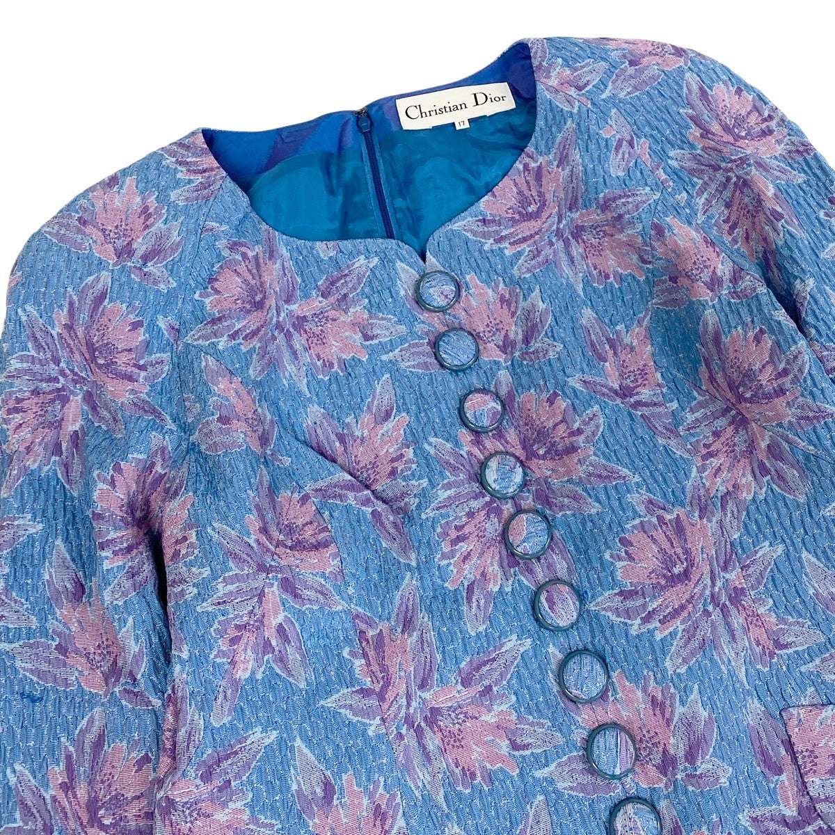 Eg13 Christian Dior クリスチャンディオール ノーカラー 花柄ワンピース サイズ17 ブルー ピンク パープル レディース 女性用o07t