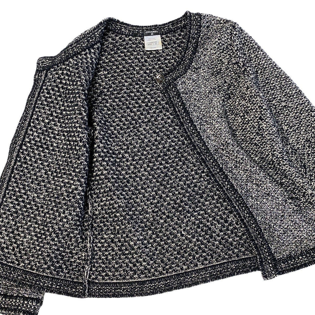 j26 CHANEL ノーカラーニットカーディガン ラインストーン ココマーク P42095 38サイズ ブラック系 レディース 女性用k02i