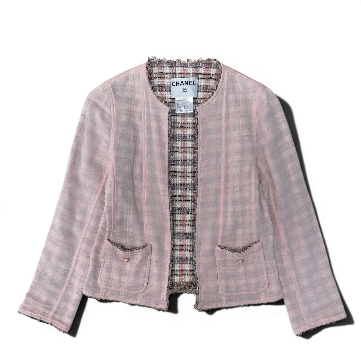 Cf11 CHANEL シャネル 03P チェーントリム ツイード 2Pジャケット ココマーク パールボタン サイズ36 ピンク レディース 女性用ta1