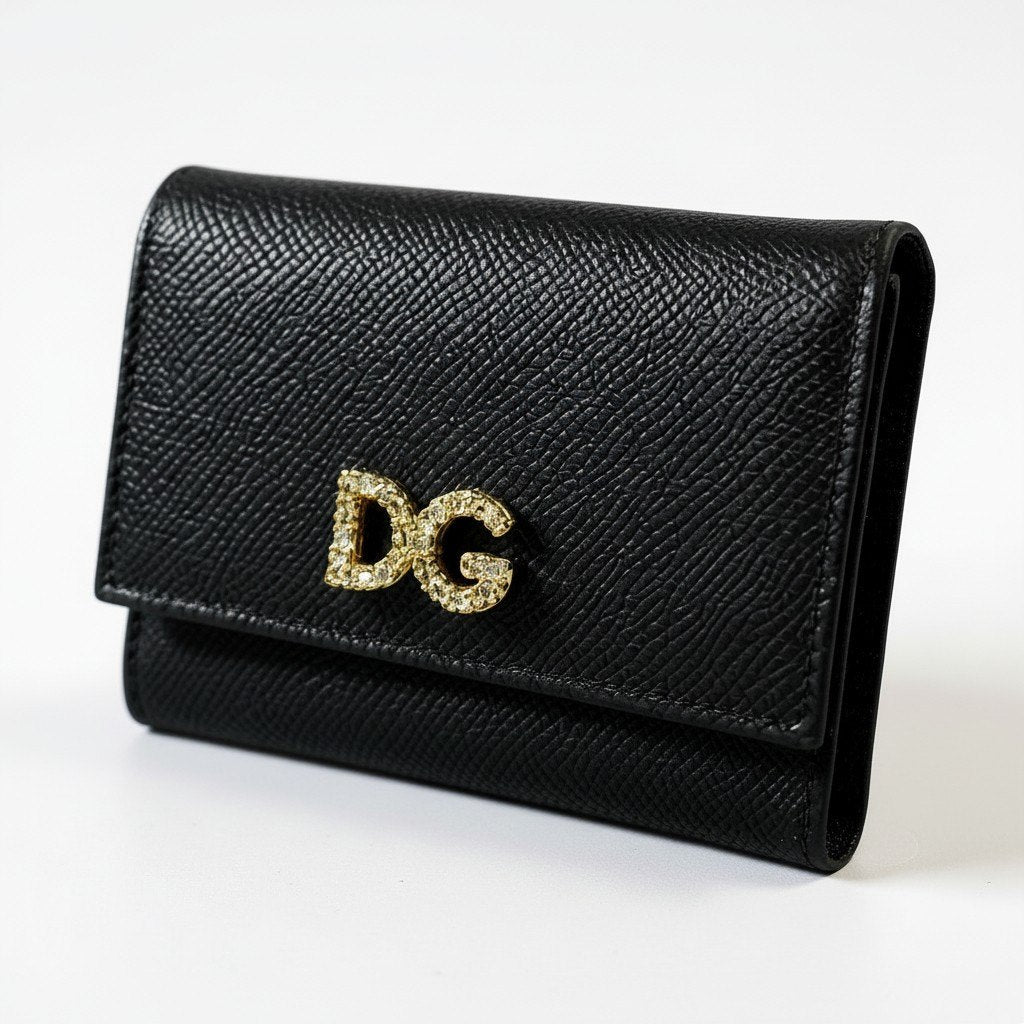 a6 DOLCE&GABBANA ドルチェアンドガッパーナ 三つ折り財布 ウォレット DGロゴ ラインストーン ブラック レザー 本革 レディースk02i