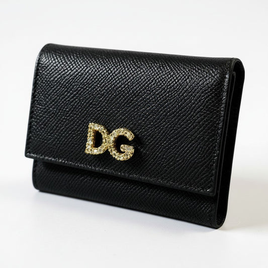 a6 DOLCE&GABBANA ドルチェアンドガッパーナ 三つ折り財布 ウォレット DGロゴ ラインストーン ブラック レザー 本革 レディースk02i